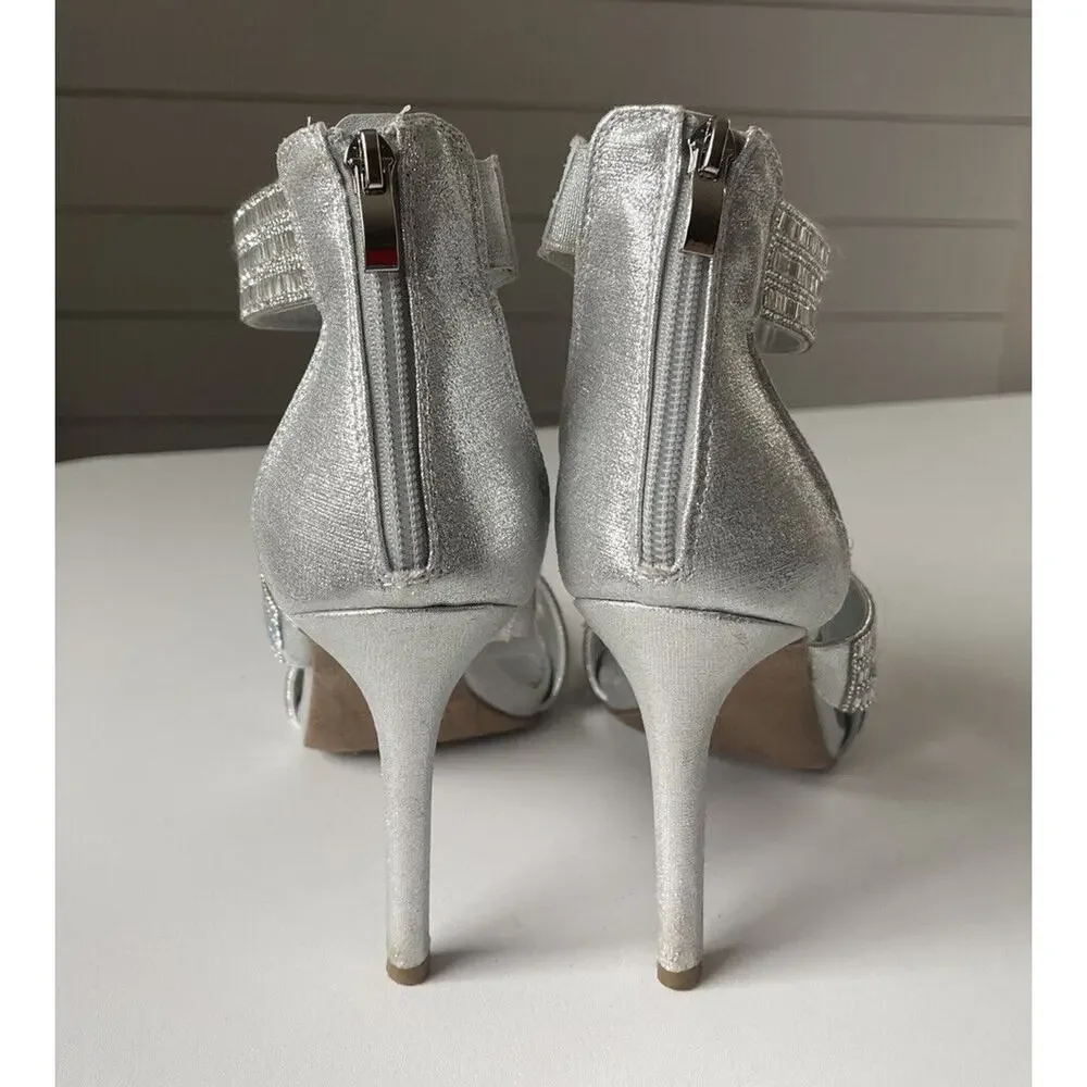 Maripe Women's Aurelia Strapped Rhinestone Sandal Silver Stiletto Ankle Strap 10